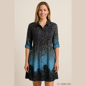Saint Gil Animal Print dress‎ with Blue Accents button front Medium
